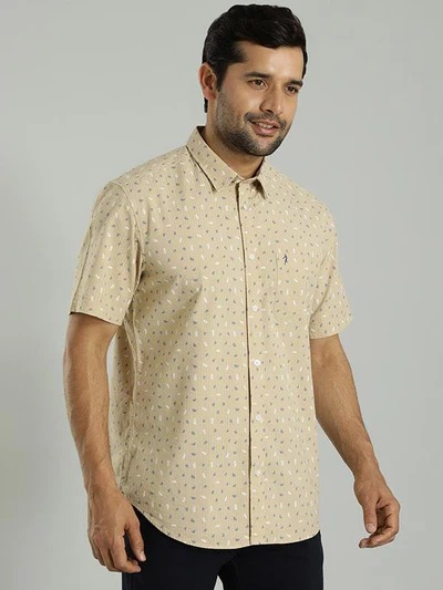 Indian Terrain Men's Regular Fit Half Sleeve All Over Print Khaki Shirt